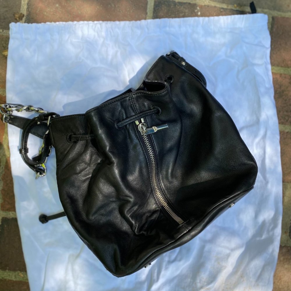 Elizabeth and James Black Leather Bucket Crossbody Bag